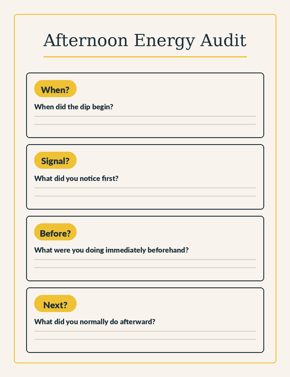 Preview of the Afternoon Energy Audit worksheet, with four short prompts: When, Signal, Before, and Next.