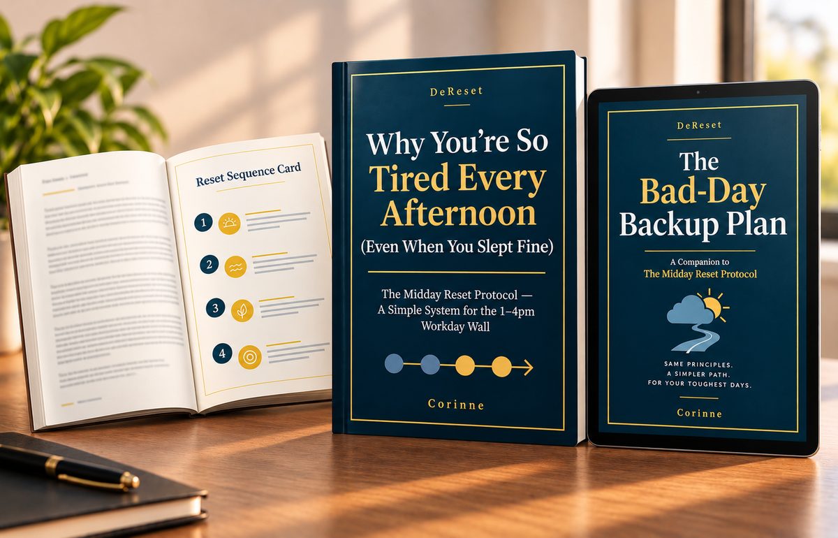 The Midday Reset Protocol core guide and The Bad-Day Backup Plan bonus guide shown together.
